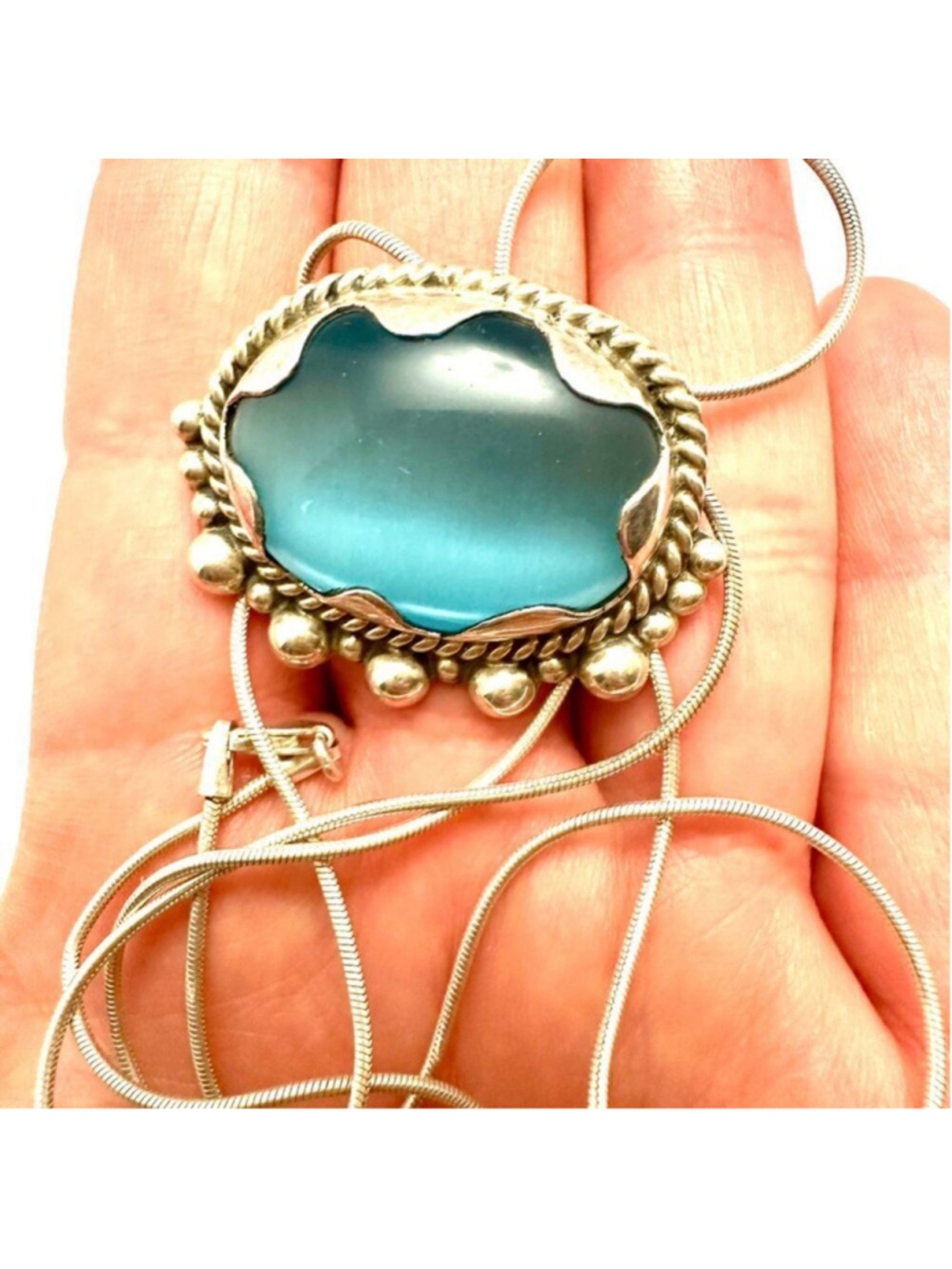 Natural Blue Chalcedony Pendant-Handmade Sterling Silver 925 Taxco Pendant w/chn